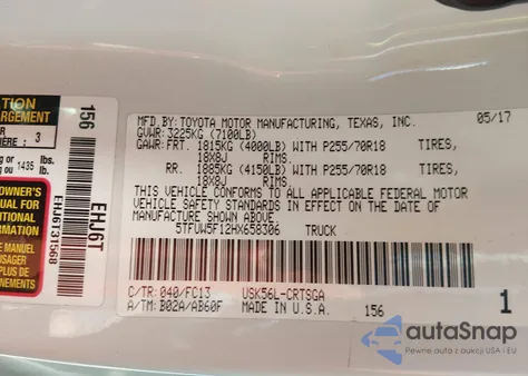 2017 Toyota Tundra Sr5 5.7L V8 z USA, uszkodzony, nr VIN 5TFUW5F12HX658306